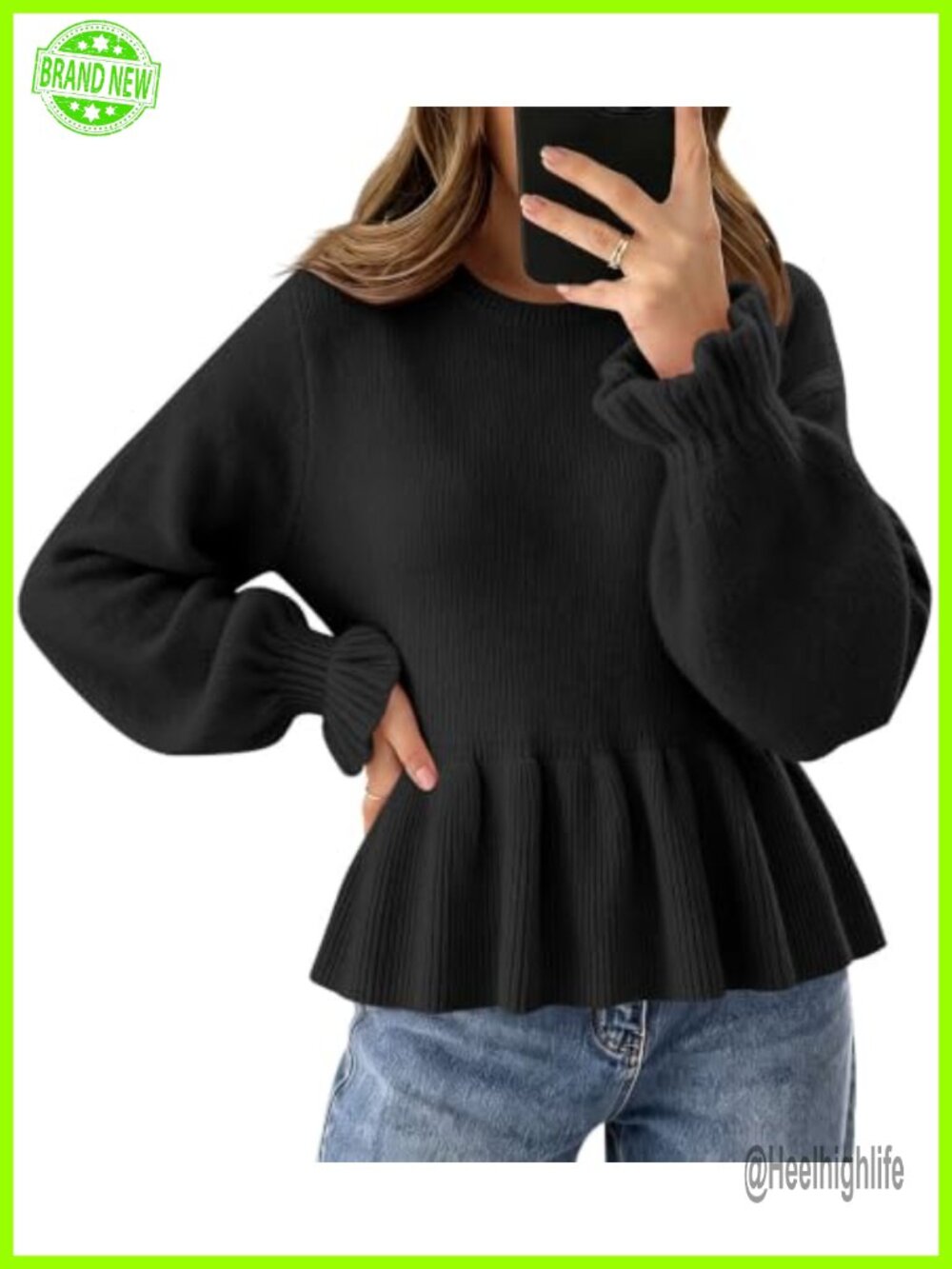 Women's Ribbed Knit Peplum Sweater Cropped Crewneck Pullover